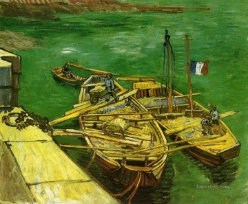 ヴィンセント・ヴァン・ゴッホ Painting - 砂船を荷降ろす男たちと岸壁 フィンセント・ファン・ゴッホ
